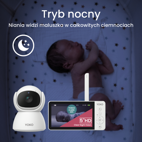 YOKO X5 DREAM - Niania z ekranem 5" + Asystent snu.  Spokojne wieczory. Łatwiejsze zasypianie.